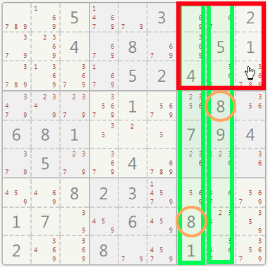 Sudoku hidden single example.