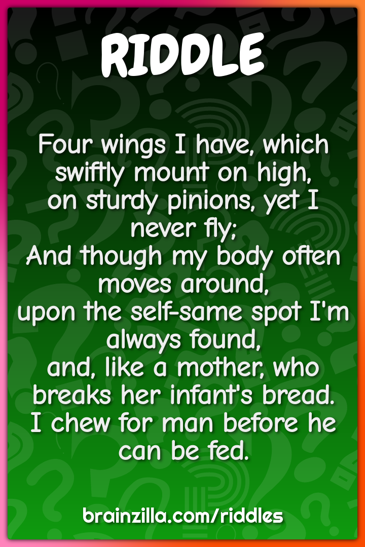 Four wings I have, which swiftly mount on high,  on sturdy pinions,...