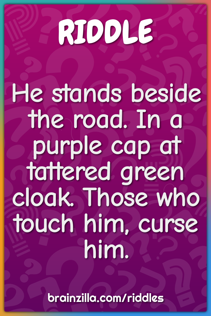 He stands beside the road. In a purple cap at tattered green cloak....